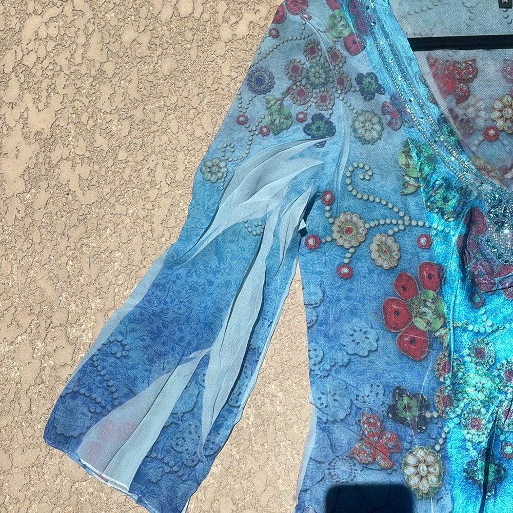 Design Works Top Beaded Sequins Fairy V-neck Blue Sheer Silky Size Medium - Picture 4 of 11